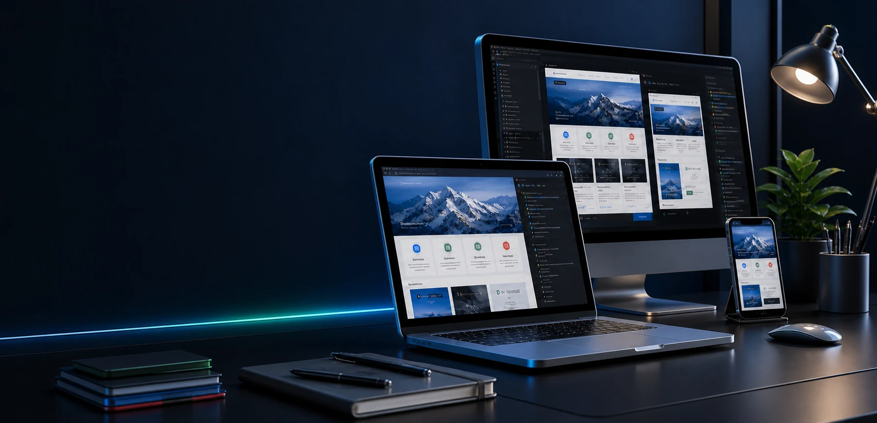Aplikasi web yang sama dipaparkan pada monitor desktop, komputer riba dan telefon di atas meja kerja yang gelap