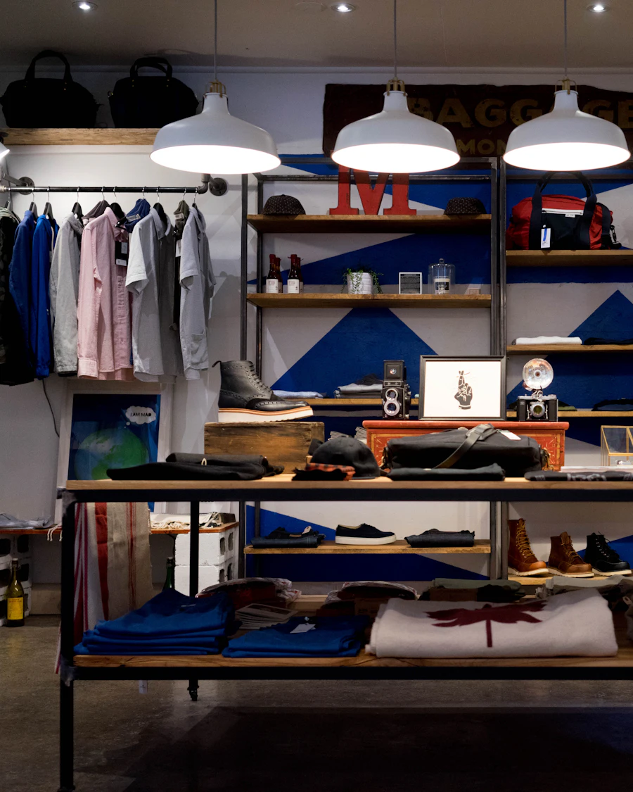 Neatly arranged clothing boutique with shirts and accessories on display